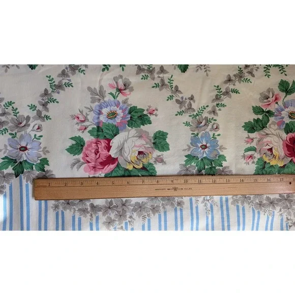 Vintage Floral Trellis Fabric Blue Stripe Border Pink Roses Cotton 132"x53" - Picture 9 of 11
